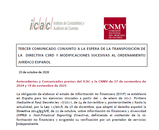Nuevo comunicado con el ICAC para guiar a las empresas en la información de sostenibilidad hasta que la directiva CSRD sea transpuesta en España
