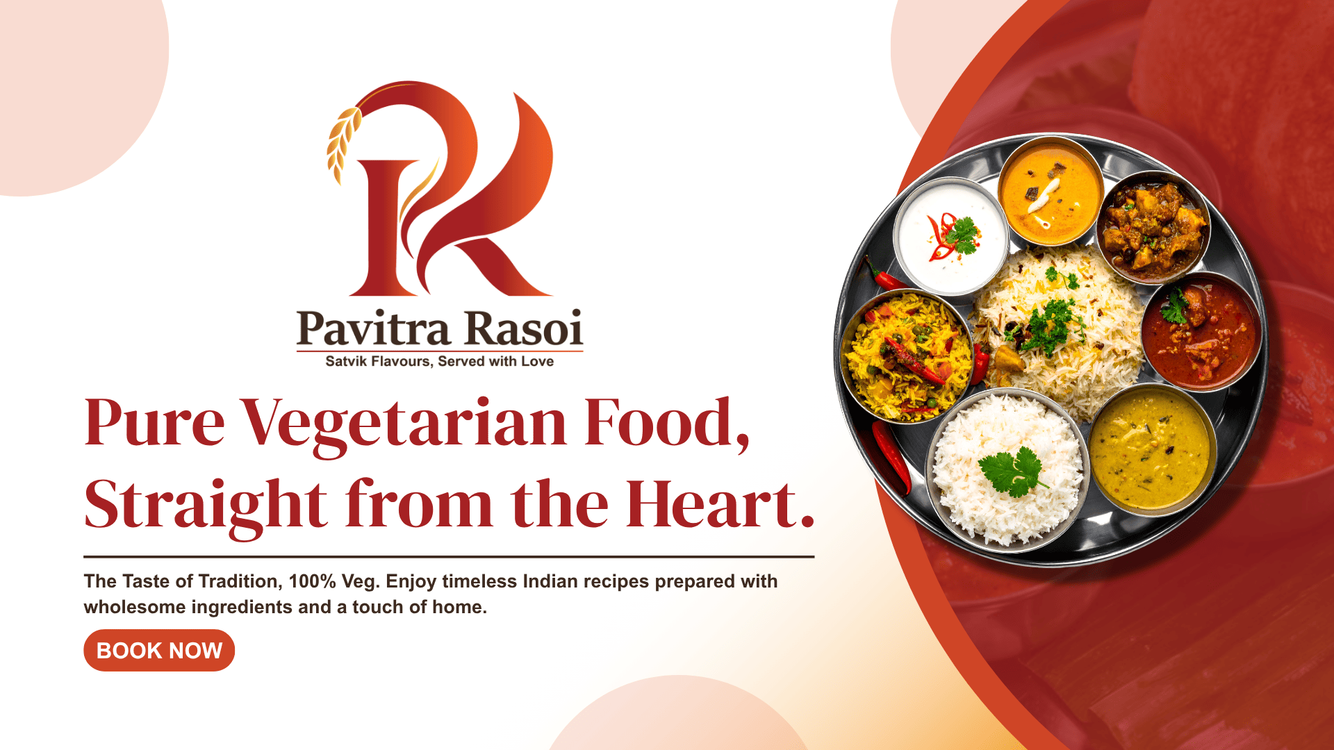 Pavitra Rasoi logo with pure vegetarian thali featuring rice, dal, curry and raita - Sattvik Flavours Kanpu