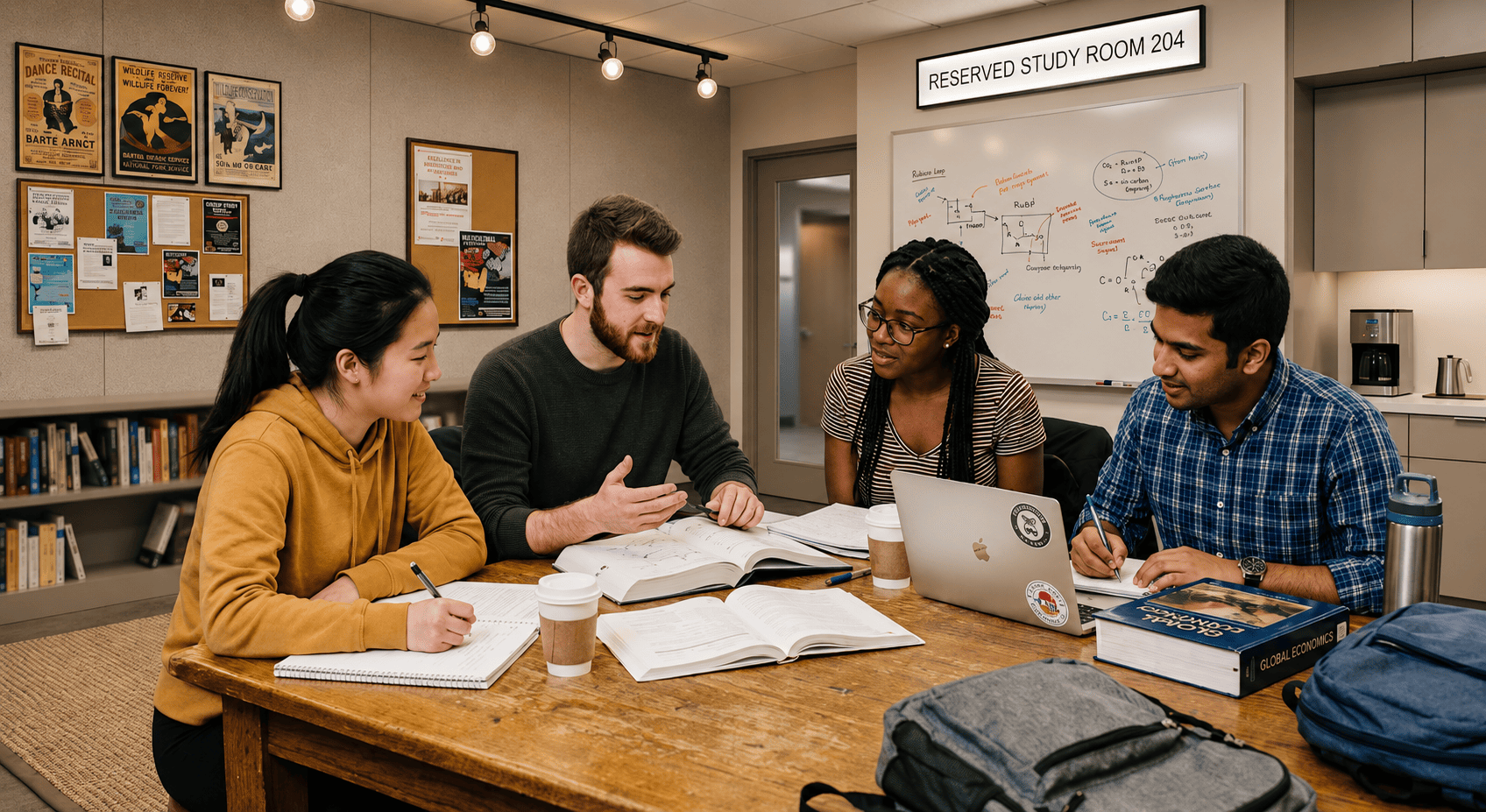 Department of Science students collaborating in a university study room with books, notebooks, and a laptop